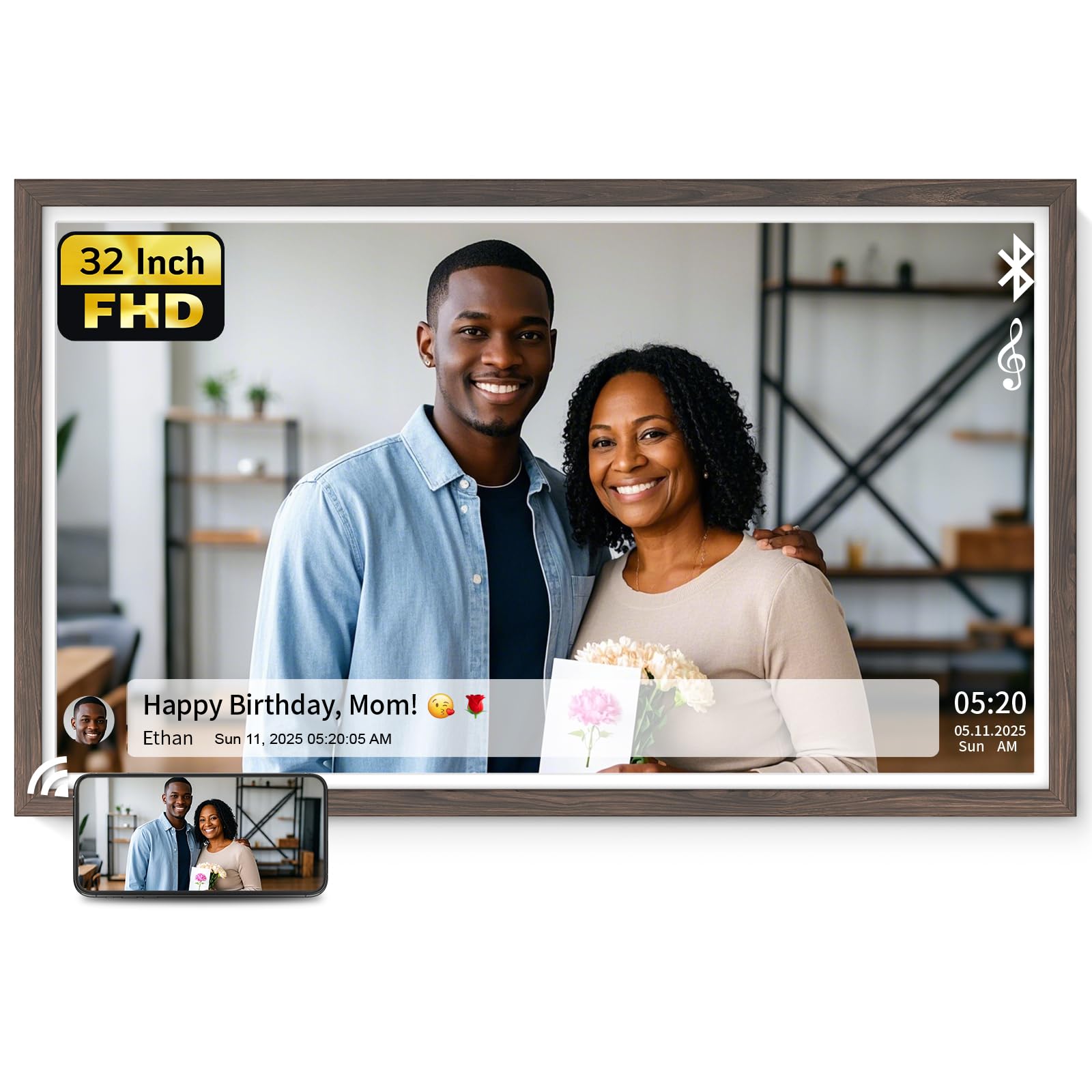 NexFoto 32 Inch Large Digital Picture Frame 64GB, Digital Photo Frame 1920x1080 IPS FHD, Remote Control, Auto-Rotate, Share Photos/Videos via App/USB, Easy Set-up, Gifts for Mom, Dark Wood