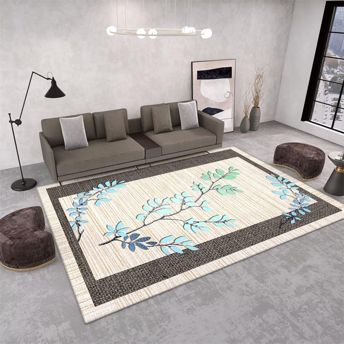 Tapis de terrasse bleu 140X300 cm à motif feuilles élégant pour salon