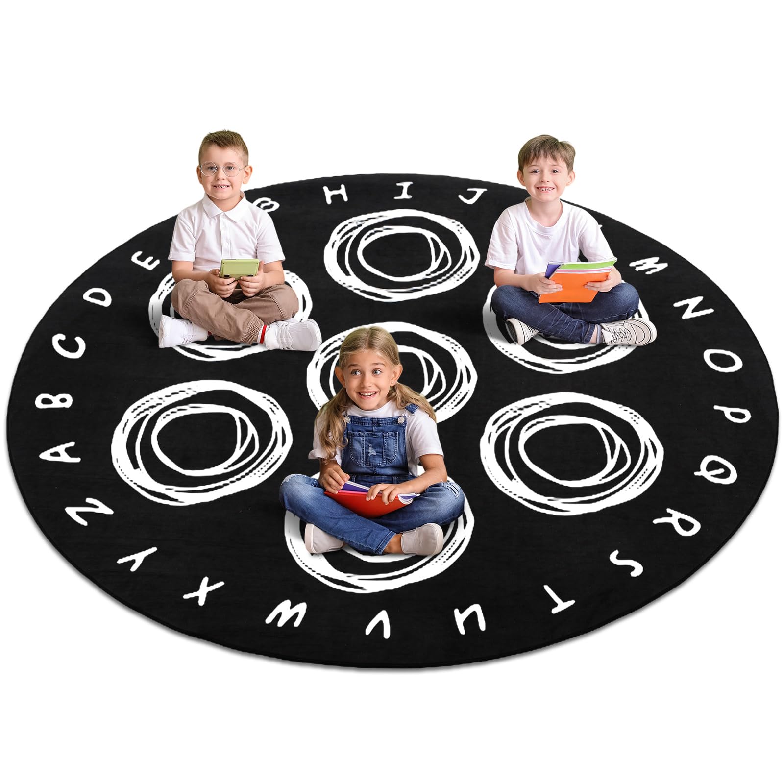 6.5 ft Large Classroom Rug Elementary Abstract Educational Area Rug Kids Room Children Classroom Carpet Playroom Learning Black Round School Decor Seating Carpet 7 Seats