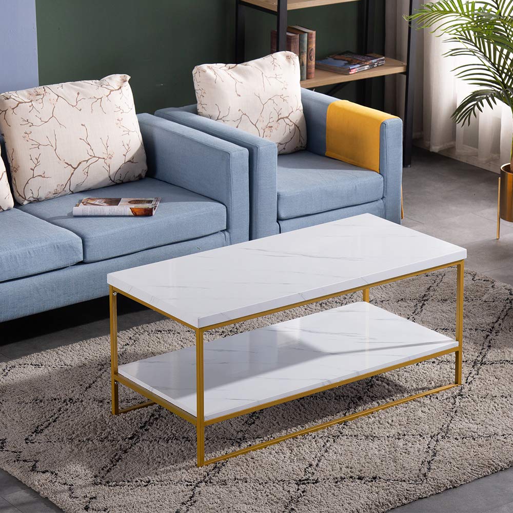 Bonnlo Modern Coffee Table,Faux Marble Top Rectangular Coffee Table with Metal Frame,Living Room Coffee Cocktail Table
