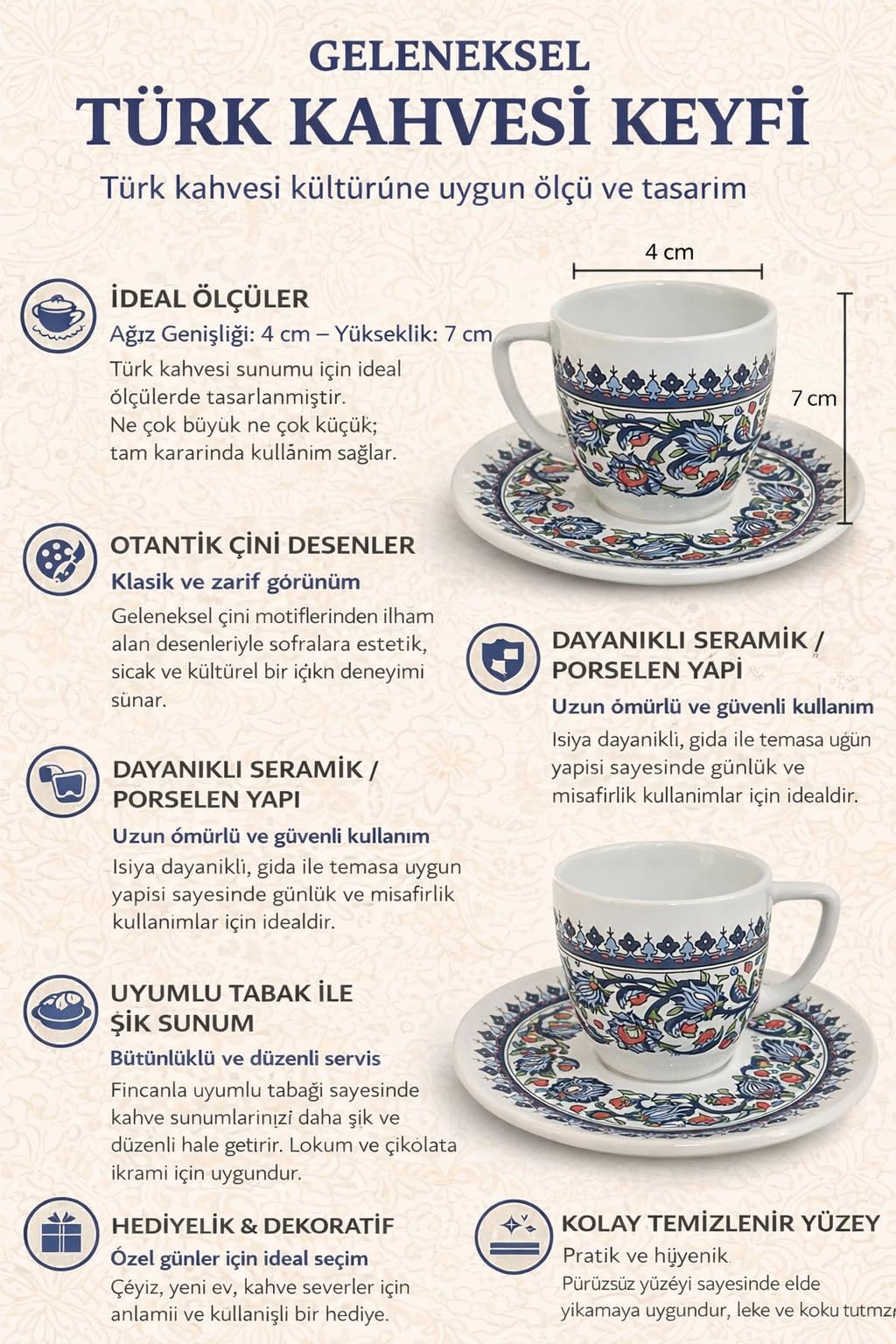 Türk Kahvesi Fincanı ve Tabak Seti,Seramik Çift Parça Kahve Takımı,El İşi İznik Desenli,Geleneksel Çini Motifli Dekoratif Sunum Fincanı,Misafir Sunumları ve Hediye Seçenekleri İçin Özel Tasarım