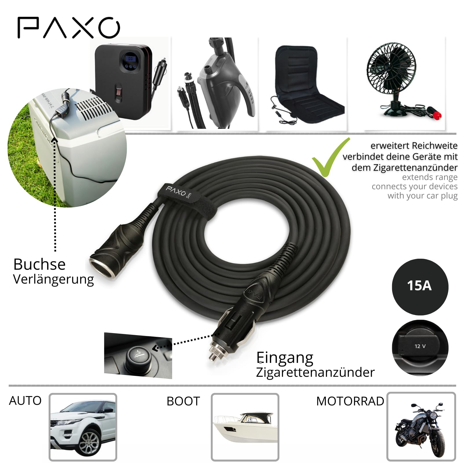 PAXO 5m de câble de rallonge KFZ 12V, rallonge, fusible 15A, câble en caoutchouc solide avec fiche et prise, ruban auto-agrippant, pour prise allume-cigare