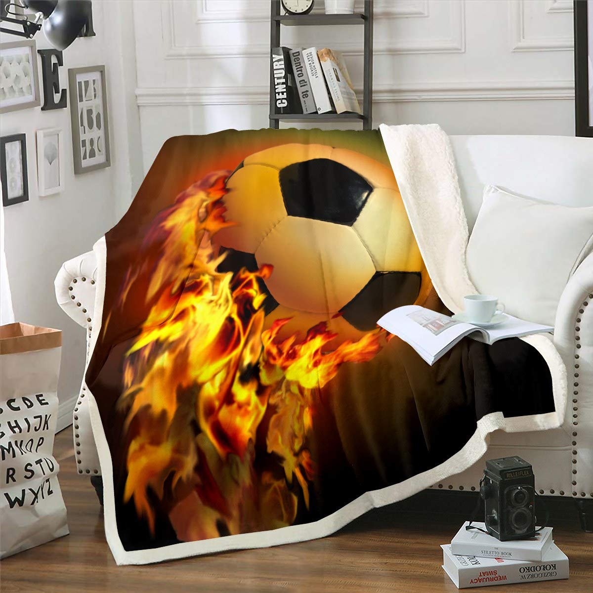 Loussiesd Football Blanket Sports Theme Sherpa Blanket for Couch Travel Sofa Teens 3D Soccer Ball Fleece Blanket Competitive Games Plush Throw Blanket Bedroom Decor Air Conditioning Double 60"x79"
