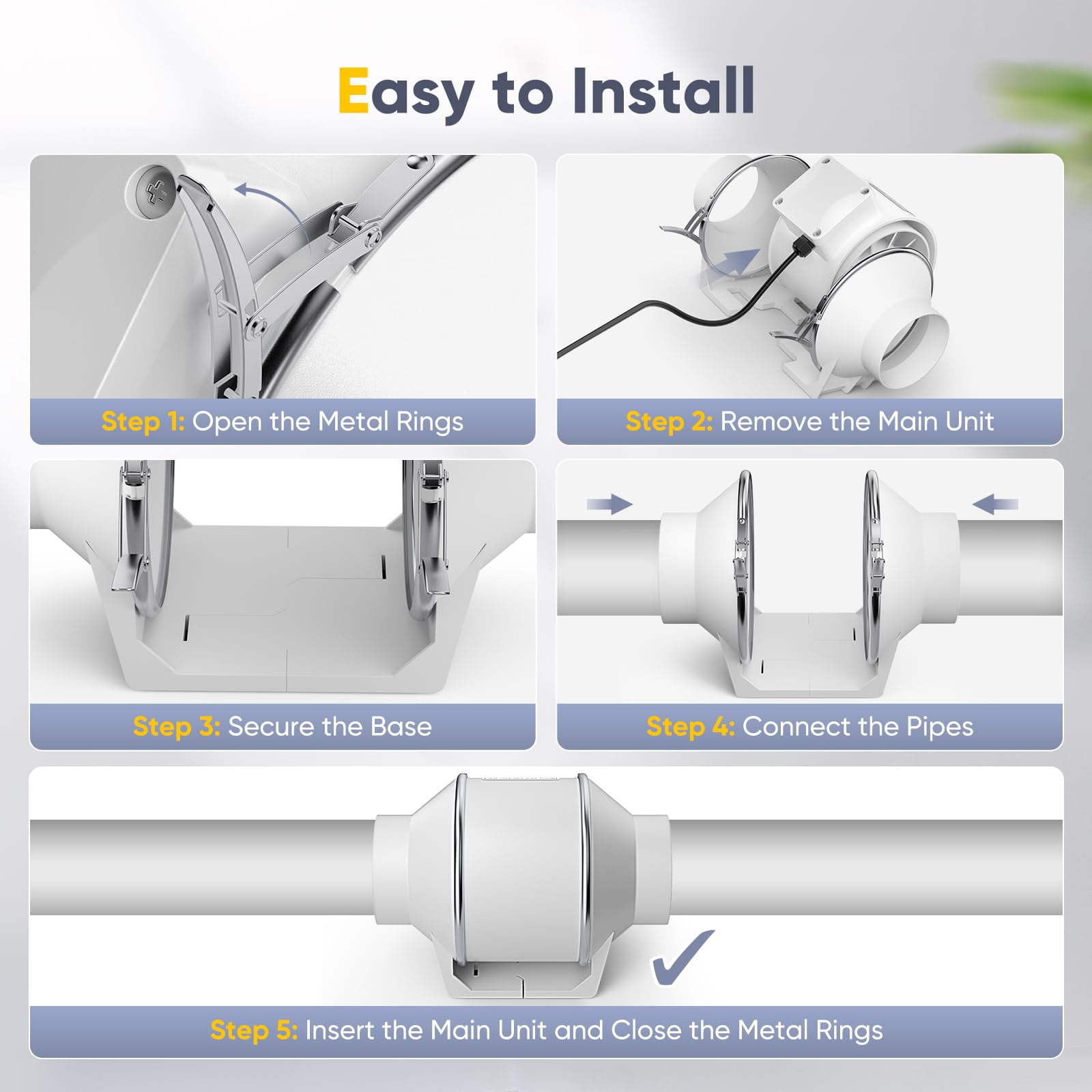 Extractor de aire en línea de para baño, extractor de humos con caudal de aire de 310 m³/h, control de velocidad variable, bajo nivel de ruido, para cocina, hidroponía y sótano