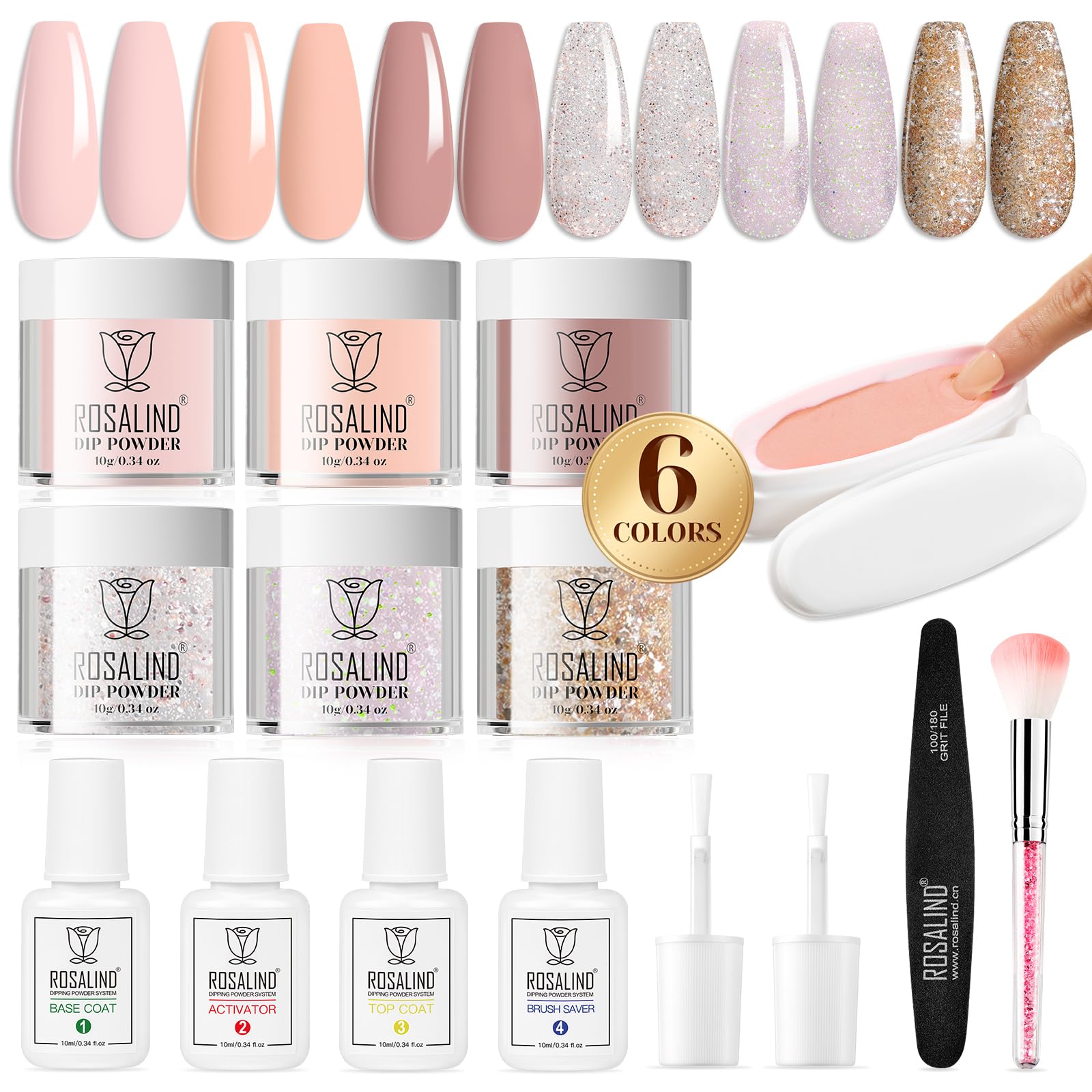 ROSALIND 13PCS Dip Powder Nail Kit, Pink Nude Nail Dip Powder Kit Sliver Brown Glitter Dip Nails Powder Starter Kit with Top Base Coat Activator Brush Saver Accessories Set