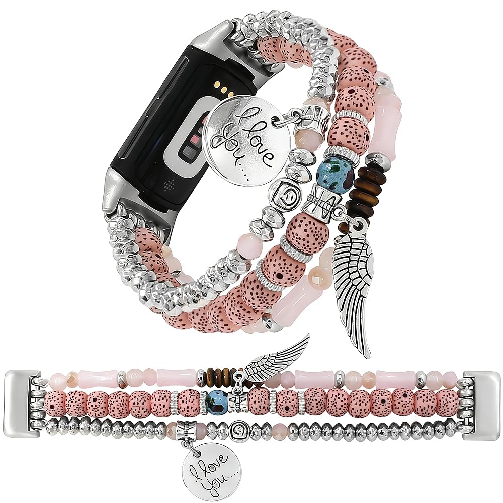 Elastic Beaded Bracelet Compatible with Fitbit Charge 6/Charge 5 Band Women Men,Dressy Stretch Bohemian Ethnic Multilayered Beads Wristband for Charge 6/5 Fitness Tracker (Pink, L 6.0-7.0)