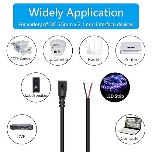 Miniatura 6 de Cable de alimentación de 12 V CC, 18 AWG 0.5 M1.65 pies CC 0.217 in x 0.083 in enchufe hembra a cable desnudo cable de alimentación de extremo