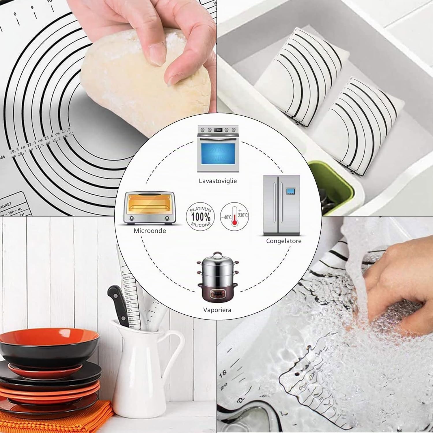 BOCHION Mattarello Antiaderente in Silicone, Mattarello con Manici in Legno, con Tappetino da Forno in Silicone, Mattarelli Acciaio Inox per Pasta, Pizza, Biscotti, Pasticceria, Fondente (43cm)