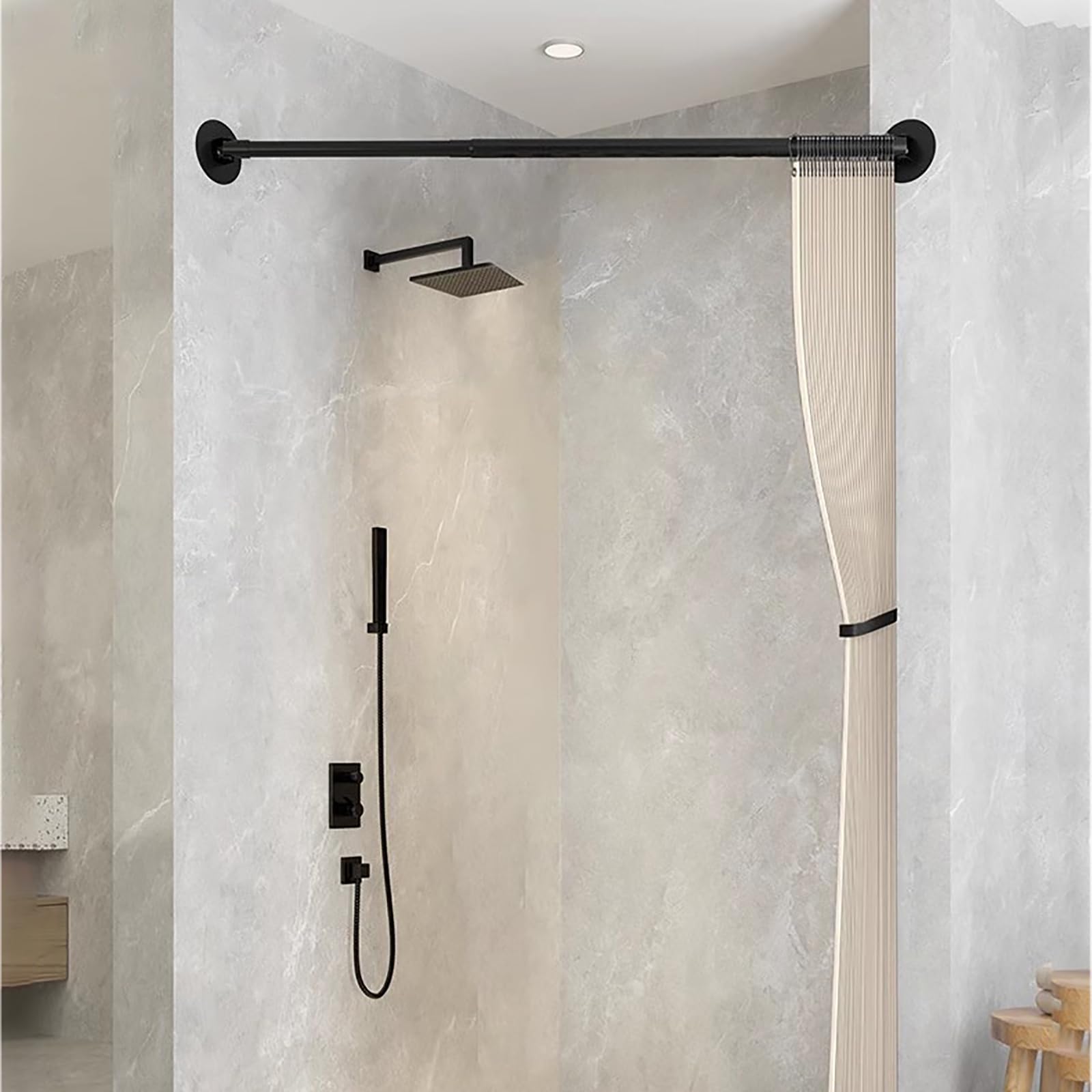 Tringle à Rideau De Douche Droite Extensible, Barre De Douche RéGlable Angle Acier Inoxydable, Tringle à Rideau De Douche Sans Perçage, Avec Base Rotative à 180 D(Size:55-75cm(21.6-29.5in),Color:noir)