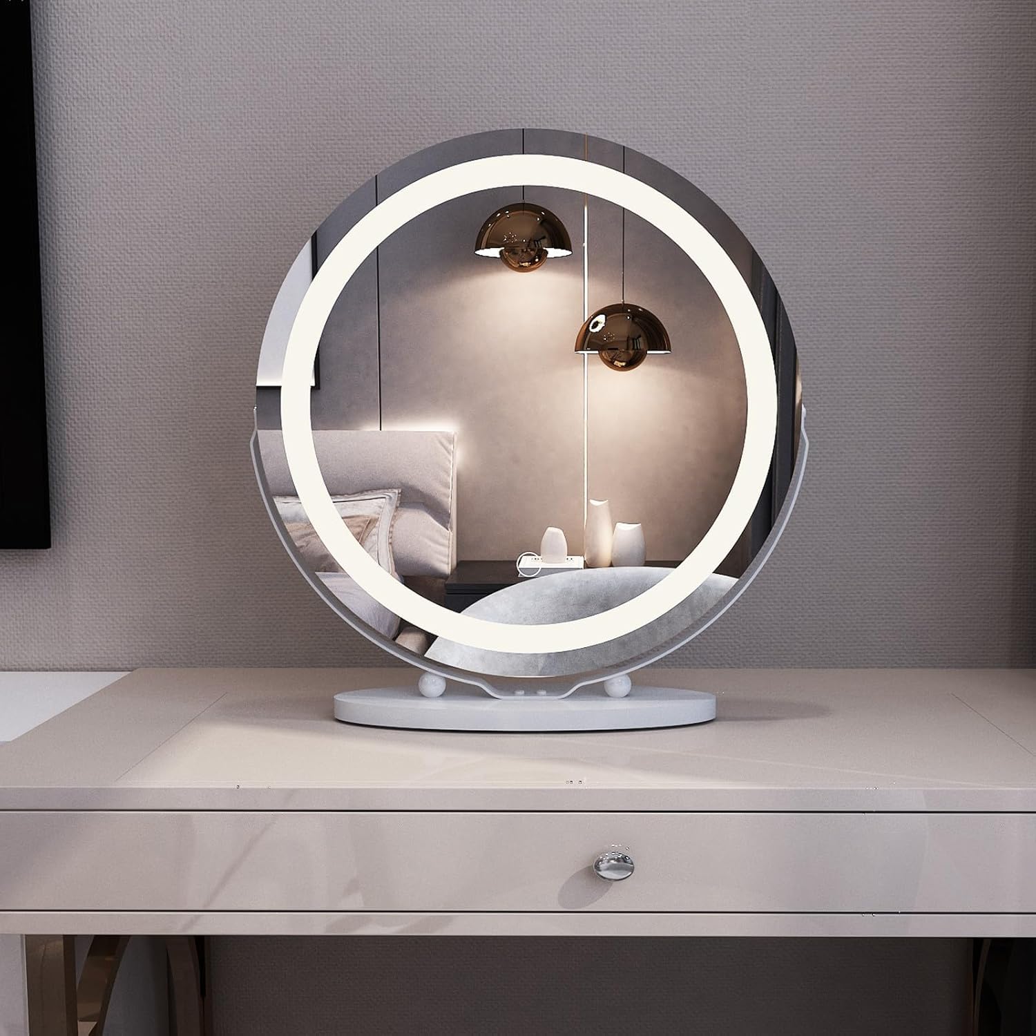 MIQU Espejo Maquillaje con Luz 50x50cm,Espejo Tocador Hollywood Redondo con LED,3 Modos de Luz,Intensidad Ajustable,Rotación de 360°,con Control Táctil,Blanco Marco de Metal,para Mesa