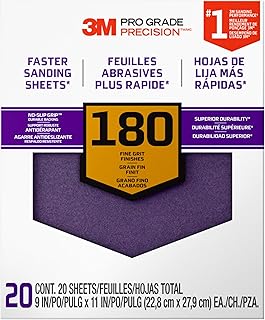 3M Pro Grade Sandpaper, 180 Grit, 9" x 11" Sheets – 20-Pack for Fine Finishing on Wood, Metal, and Paint Surfaces