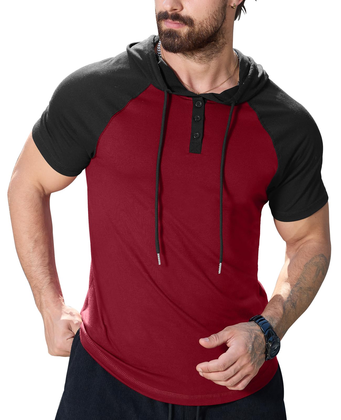 KUYIGO Men's Short Sleeve Hoodie Workout Gym Muscle Fit Athletic Lightweight Sweatshirt Hoodies Pullover with Drawstring