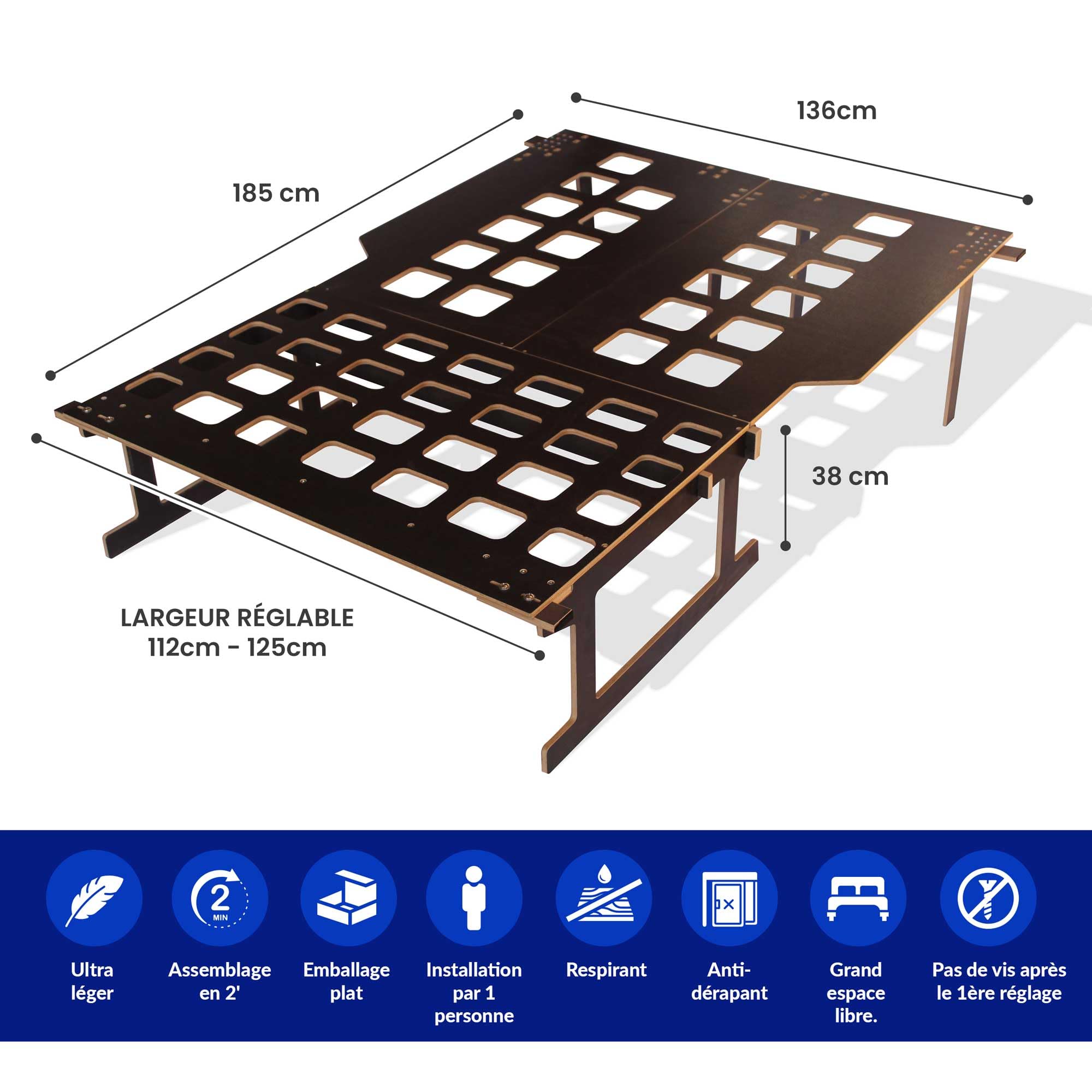 Lit Couchage Fourgon Aménagé Camporan – Lit Pliable avec Matelas, Sommier pour Minivan, legère, Compatible Berlingo Kangoo Rifter Courier II Dokker. sans Matelas