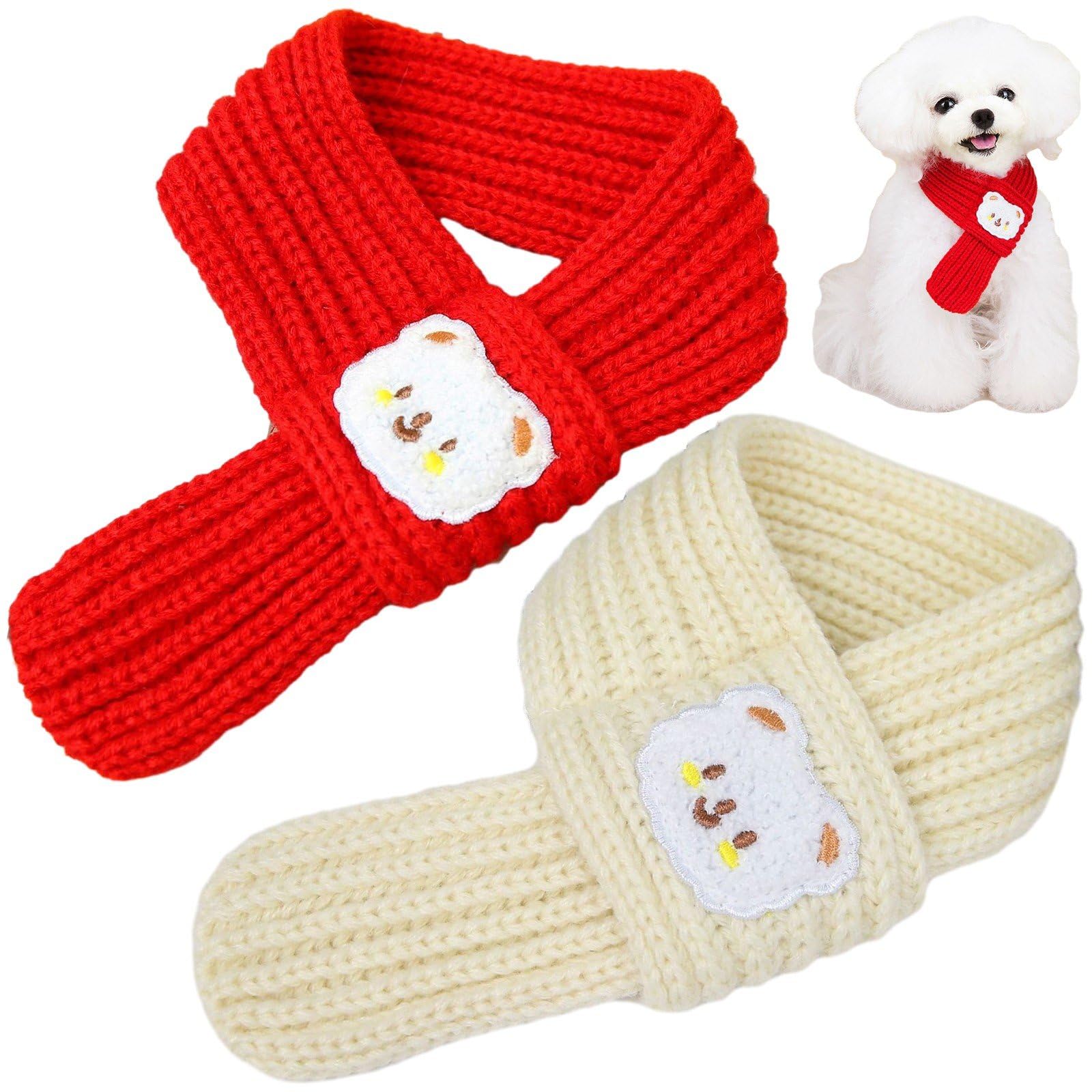 Keuyeo 2pcs Pet Scarf Warm Winter Knitted Scarf with Bear Pattern for Small Dog and Cat Decorative Neck Warmer Scarf for Small Pets Christmas New Year