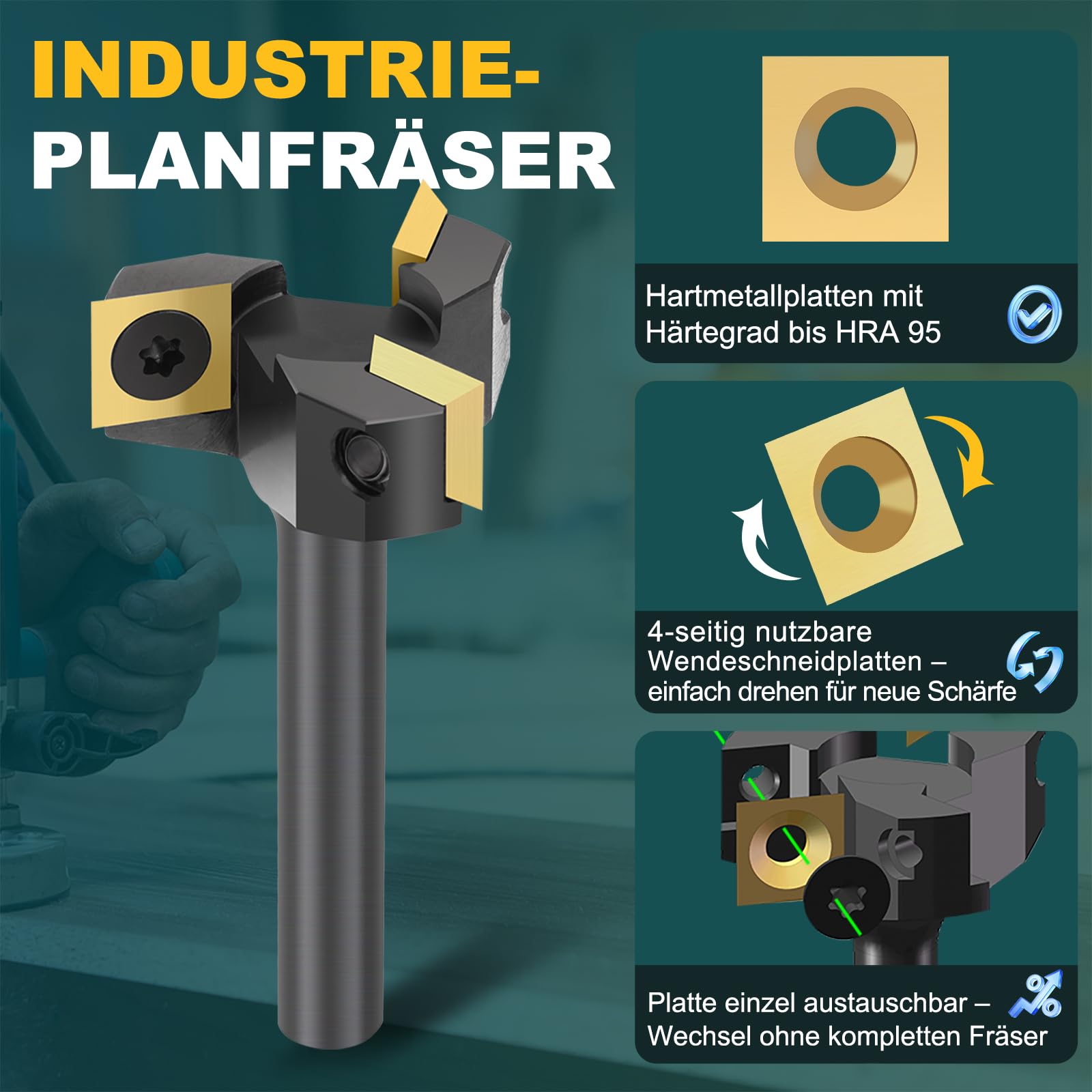 Fresa per fresa superiore 8 mm fusto – 35 mm di diametro – dotata di 3 lame intercambiabili in metallo duro 10,5 x 10,5 mm frese per legno