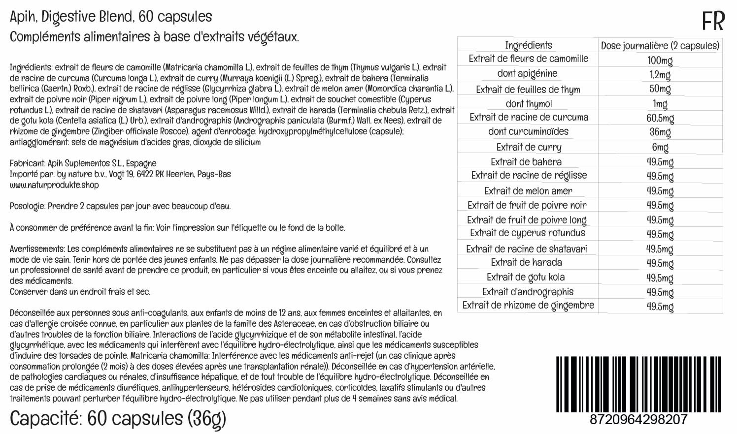 Digestive Blend avec 16 extraits de plantes, enzymes digestives, complément alimentaire au curcuma, à la camomille et au gingembre, 60 gélules