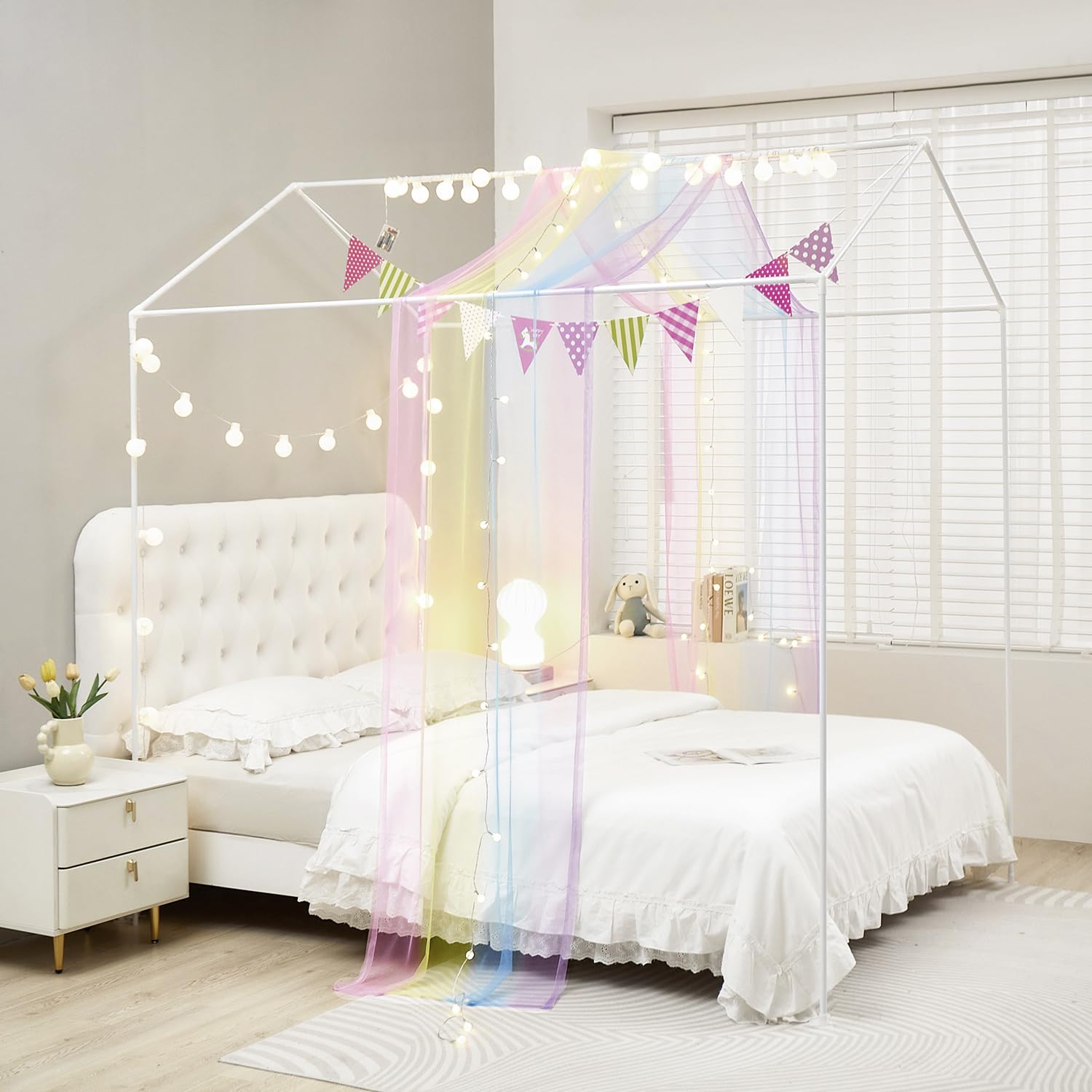 ZIQINPSQ House Bed Canopy Bed Curtains,2pcs Montessori Floor Bed Canopy for Girls Boys,Mosquito Net For Kids Wood Bed Frame,Bedroom Decorations (Rainbow) - Image 3