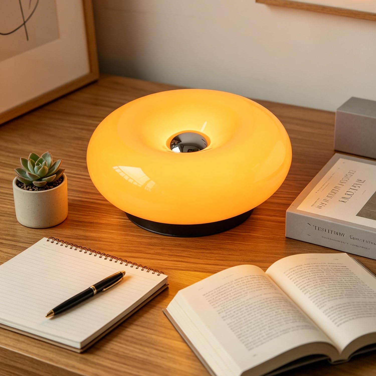 LED Donut Tischlampe Klein Moderne Designleuchte mit Ambientelicht 3 Farbtemperatur Akku USB Aufladbar Tischleuchte mit Touch Dimmbar Nachttischlampe Ohne Kabel Glas Lampenschirm 1800mAh,Orange