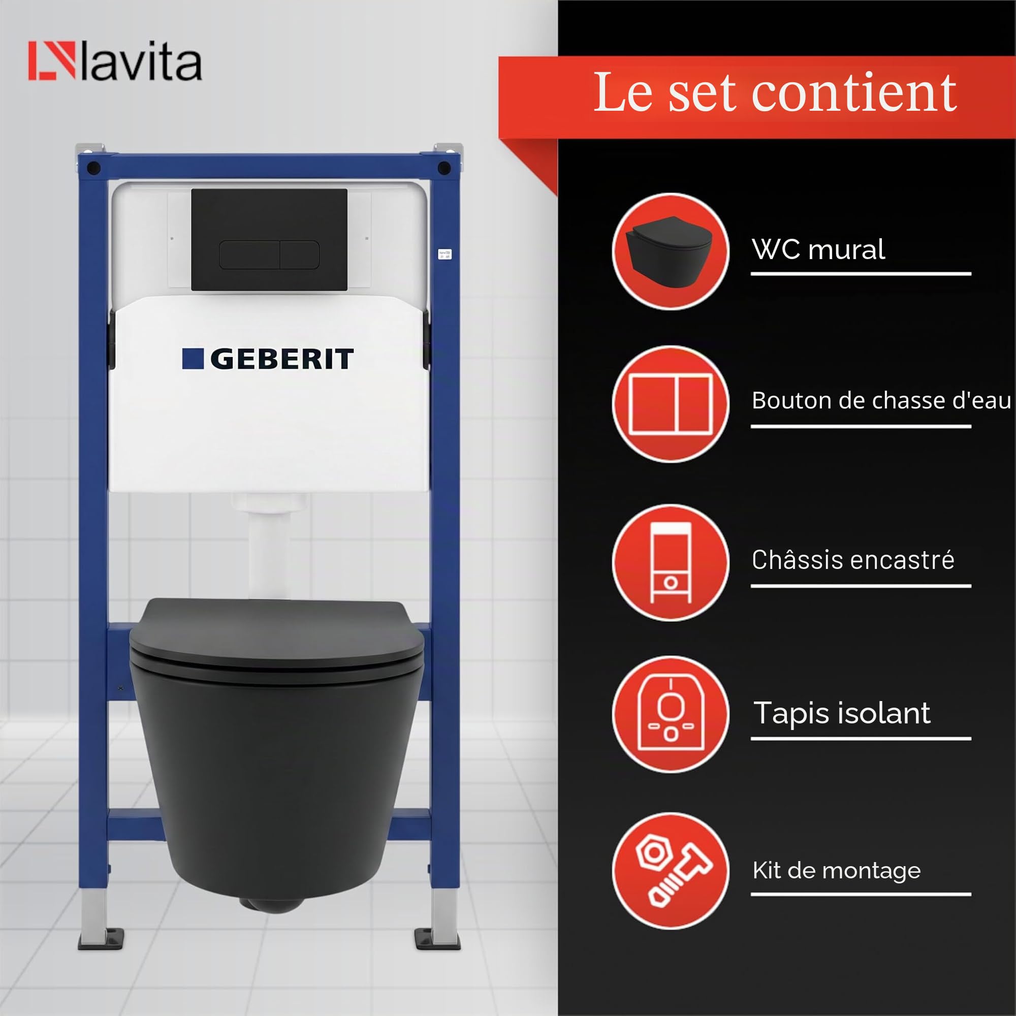 Lavita Duofix Basic voorwandelement + wandtoilet Brava zwart randloos + wc-bril met softclose + bedieningsplaat Delta 25 zwarte knop Complete set inbouwreservoir toilet