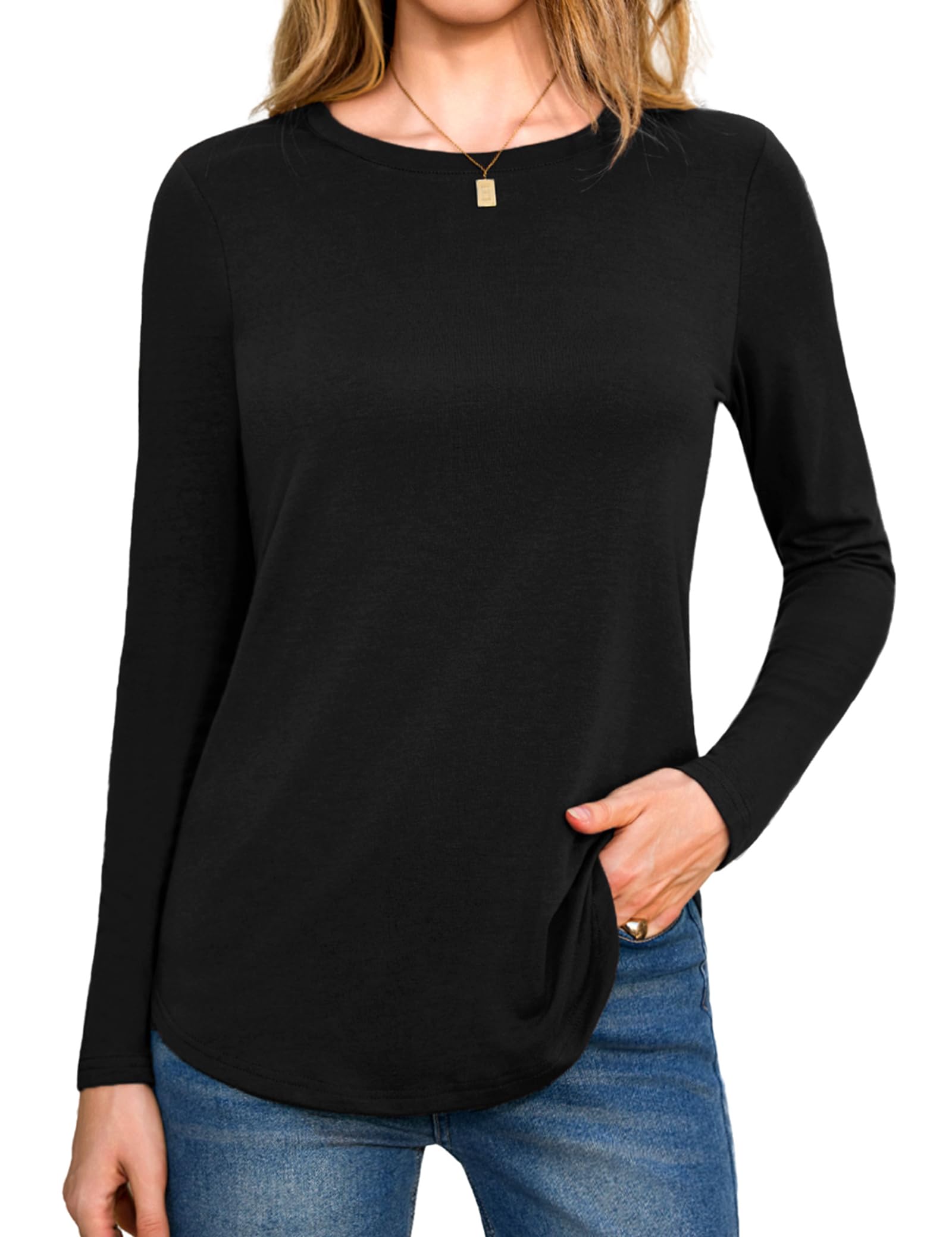 Aottori Langarmshirt Damen Rundhals Oberteile Langarm Shirt Elegant Lose Baumwolle Longshirt T-Shirt Pullover Einfarbig Basic Top Frühling Herbst