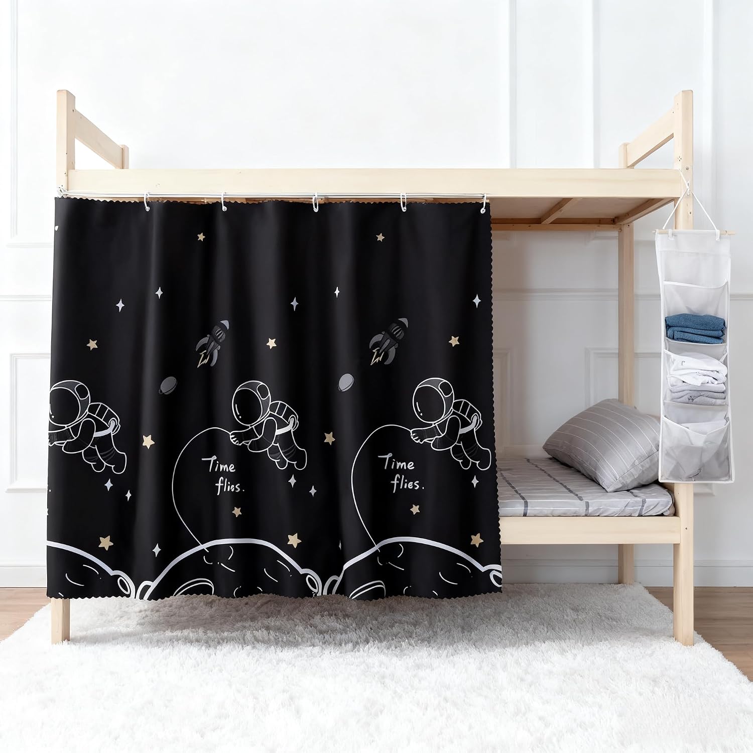 Black Bunk Bed Curtains Blackout Privacy Woven Print Bottom Curtain Loft Bedding Canopy Breathable Dustproof 2 Panels