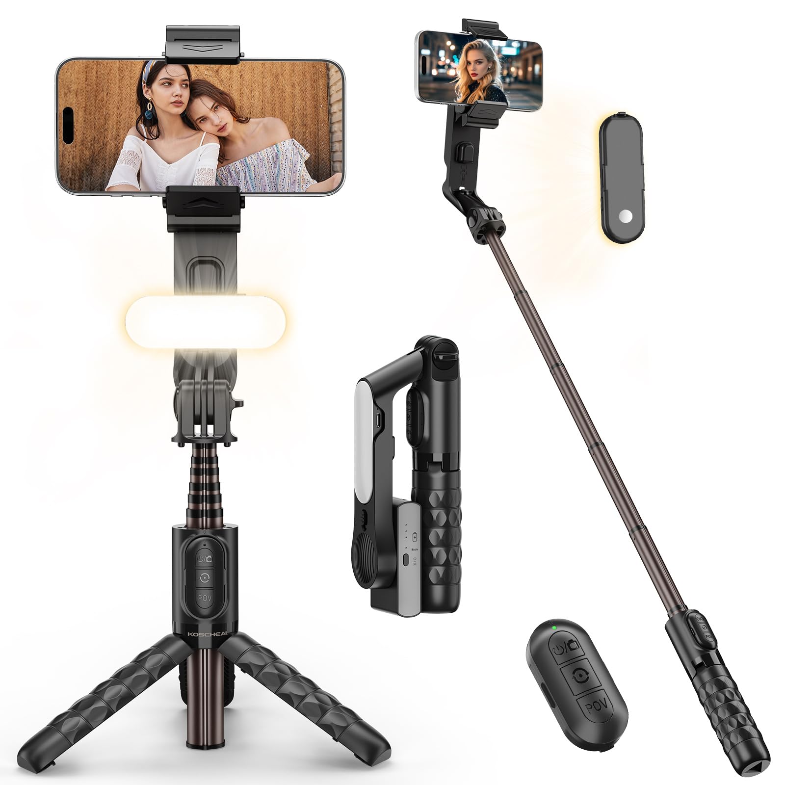 KOSCHEAL Selfie Stick Gimbal Stabilizer,1-Axis Cell Phone Stabilizer with Fill Light 360°Rotation with Wireless Controller for Android and iPhone,Ideal for Vlogging,Youtube Black