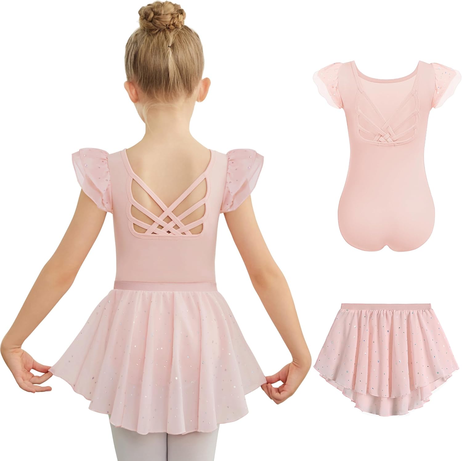 Zaclotre Ballet Leotards for Girls Toddler Ruffle Sleeve Crisscross Back Dance Dress Outfit with Removable Skirt Combo