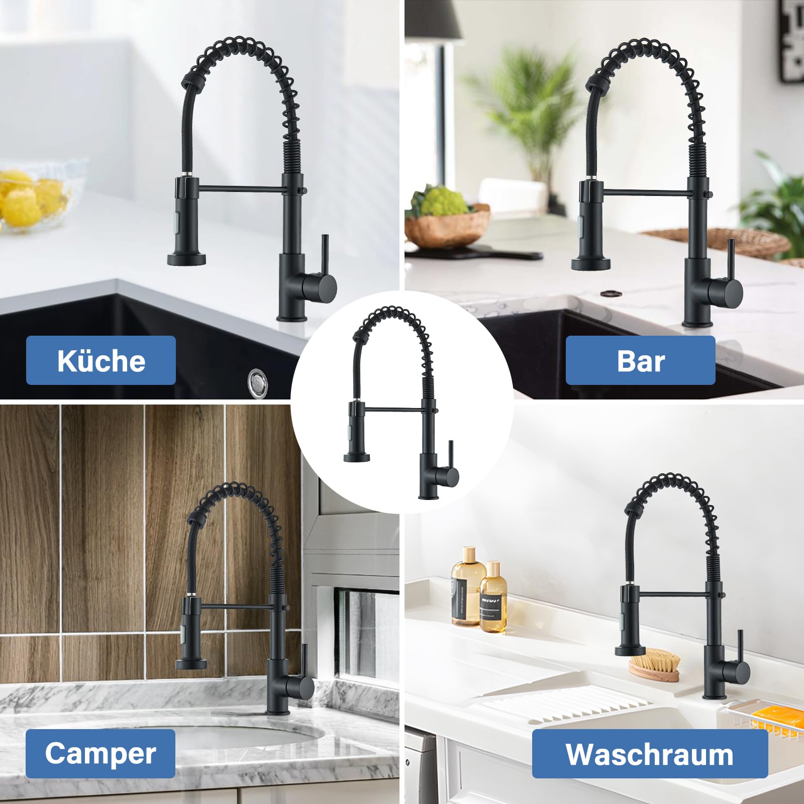 Niederdruck Armatur Küche Schwarz Wasserhahn Herunterziehbare Brause Niederdruck Küche 360° Drehbar Wasserhahn Küche Küchenarmatur mit 3 Schläuche Kaltem und Heißem Wasser Vorhanden
