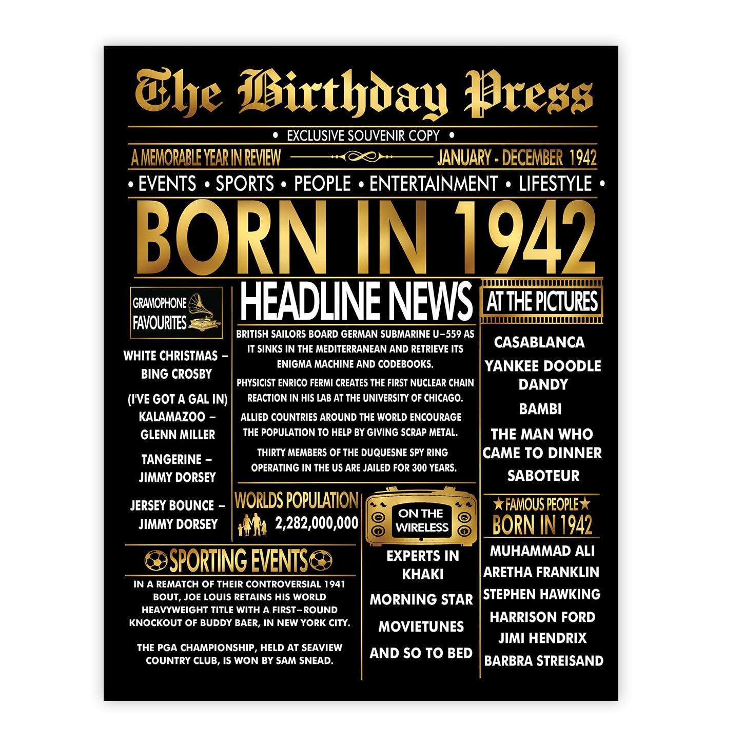 Stuff4 Gold 84th Birthday Poster Unframed - Golden Born In 1942 Newspaper - Happy 84 Birthday for Men Women Retro Vintage Gifts Back In 1942, 8x10 Inch Bday Party Decor Decoration