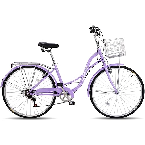 26" Cruiser Bike Commuter Bike 7 Speed Women's Bicycle Beach Cruiser with Ergonomic Upright Design, Adjustable Saddle, Dual Fenders & V Brake and High Carbon Steel Frame