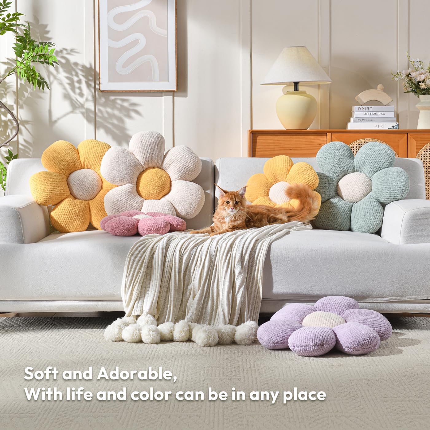 Sioloc Flower Shaped Pillows Cute Floor Pillows for Home Decor Accent Pillow Aesthetic Pillows Flower Plush Cushion for Bed Sofa Couch(White,15.7")