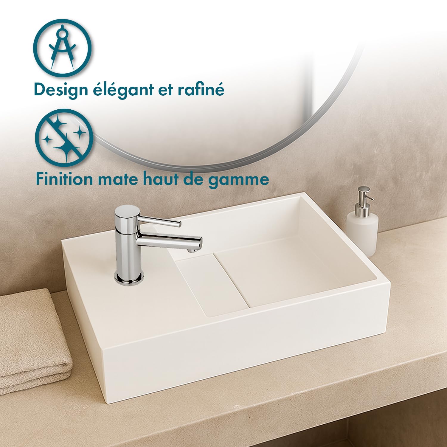 Lave-mains suspendu blanc mat MANITA G - Lavabo rectangulaire en Solid surface 35cm
