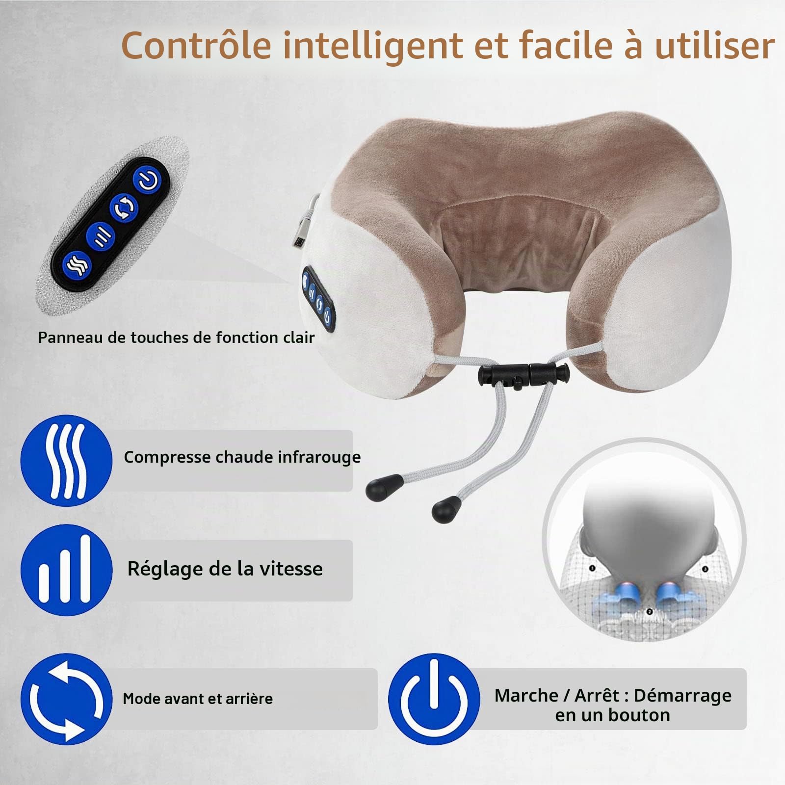 Masseur Cervical et Cou, ADURI Masseur Cervical avec Fonction Chauffage, 3 Niveaux de Force & 3 Modes, Coussin de Massage Électrique pour les Cervicales Douloureuses, Rechargeable par USB