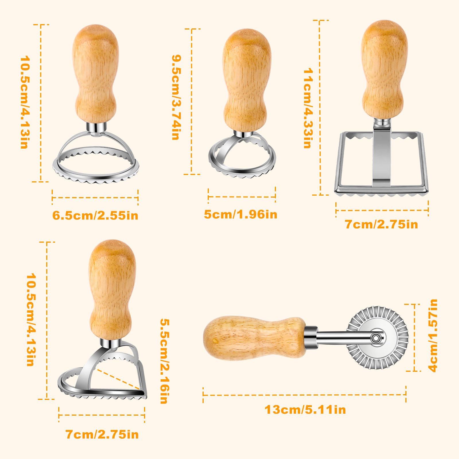 Zestaw 5 sztuk: foremki do ravioli, foremki kwadratowe, okrągłe i w kształcie serca, noże do pizzy, stemple do ravioli do pierogów, ciastek i makaronu