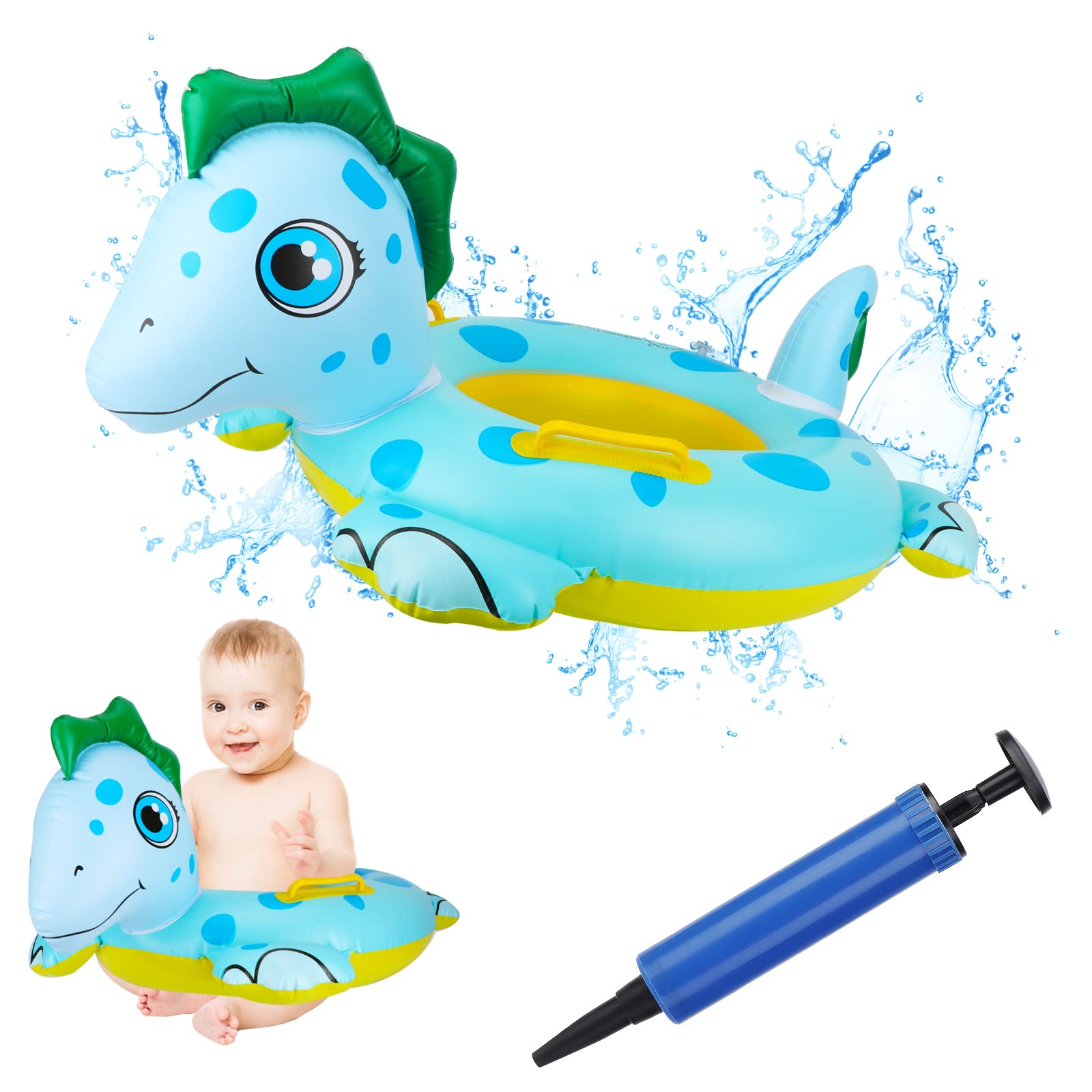 Blue Pony Shaped Baby Swimming Ring, Inflatable Swimming Float PVC Safety Aid Float Seat Circle Swim Float Boat with Double Handle and Inflator for Age 6 Months to 3 Years Toddler Floating Training