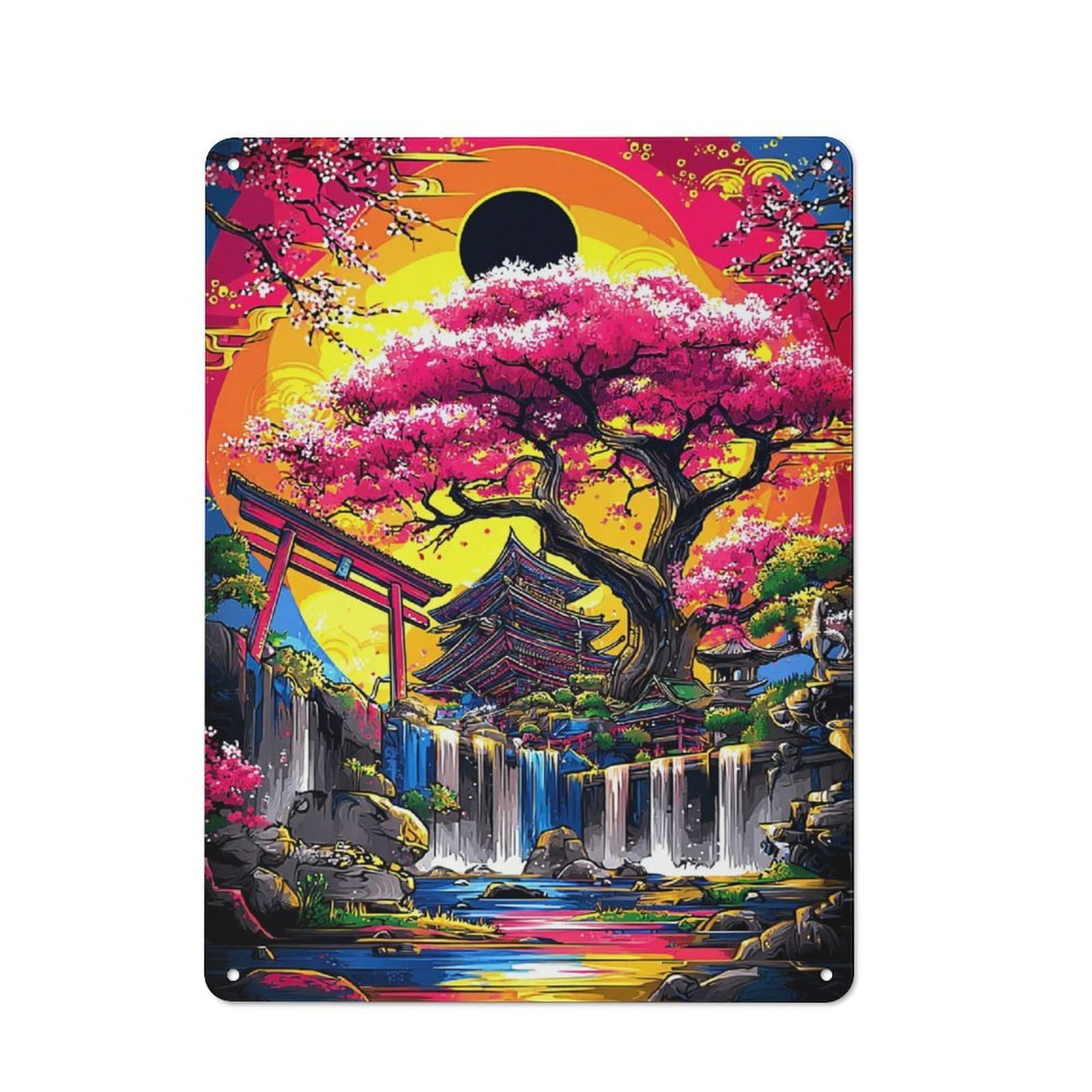 Junmoney Cherry Blossom Zen Garden Tin Wall Plaque 40X30cm With For Café Or Restaurant, New Home Wall Decor For Hospitality Interior Collectors