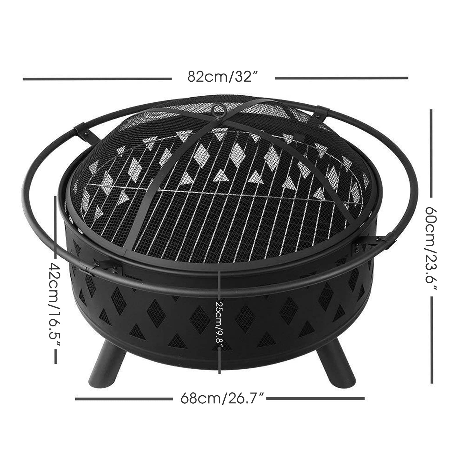 Brasero para Hoguera Parrilla de Hierro para Barbacoa, Cuenco para Hoguera con Malla, Cubierta de Pantalla de Chispa para Acampar, Picnic, Hoguera, Patio, Jardín, Playas
