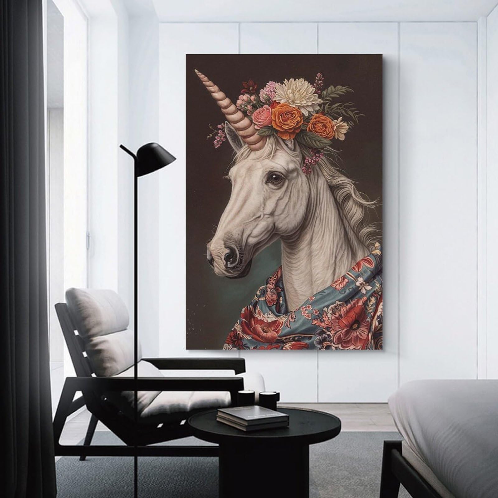 Junmoney Unicorn with Flowers Canvas Wall Decor, 20x30inch(50x75cm), for Home Walls, Creative Rooms Or Shared Spaces, Stylish Home Artwork for Focal Walls