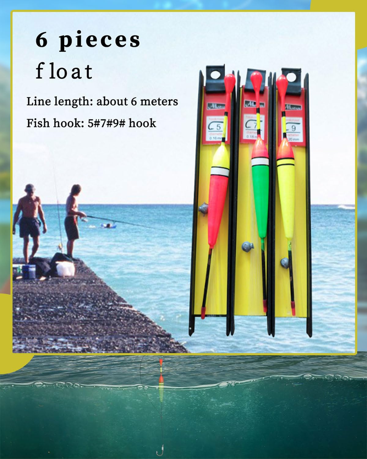 Hezhou 6 Piezas Bobbers de Pesca Flotador de Pesca Flotadores de Pesca con Mosca Bobbers de la Pesca con plomada, sedal y Anzuelo (5#, 7#, 9#) para Piscina, Pesca Salvaje, Lago, Pesca en el mar