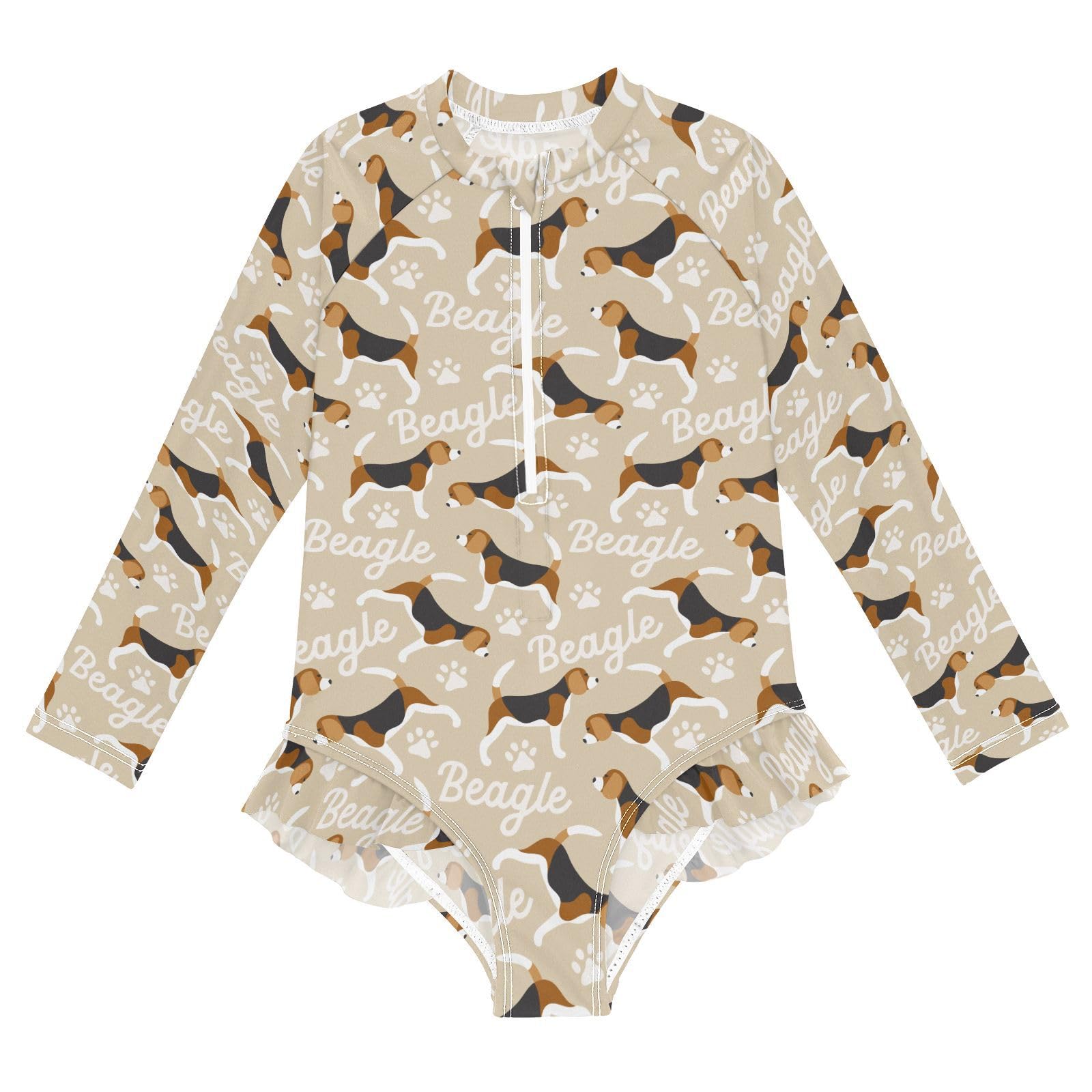 JHKKU Girls Long Sleeve Beagle Dog Swimsuit One Piece Zipper Rash Guard Bathing Suit with UPF 50+ Sun Protection Ruffle Swimwear 3T