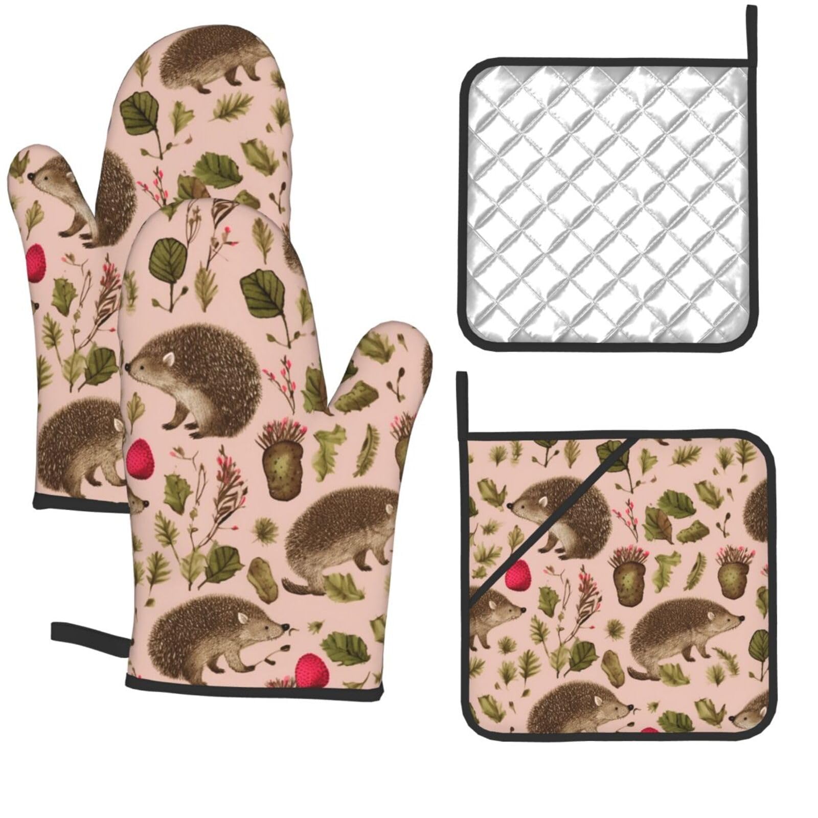4 Pcs Oven Mitts and Pot Holders Set Kitchen Oven Gloves Heat Resistant Potholders Non-Slip Hot Pads Hedgehog Print Oven Mits for Cooking Baking Grilling