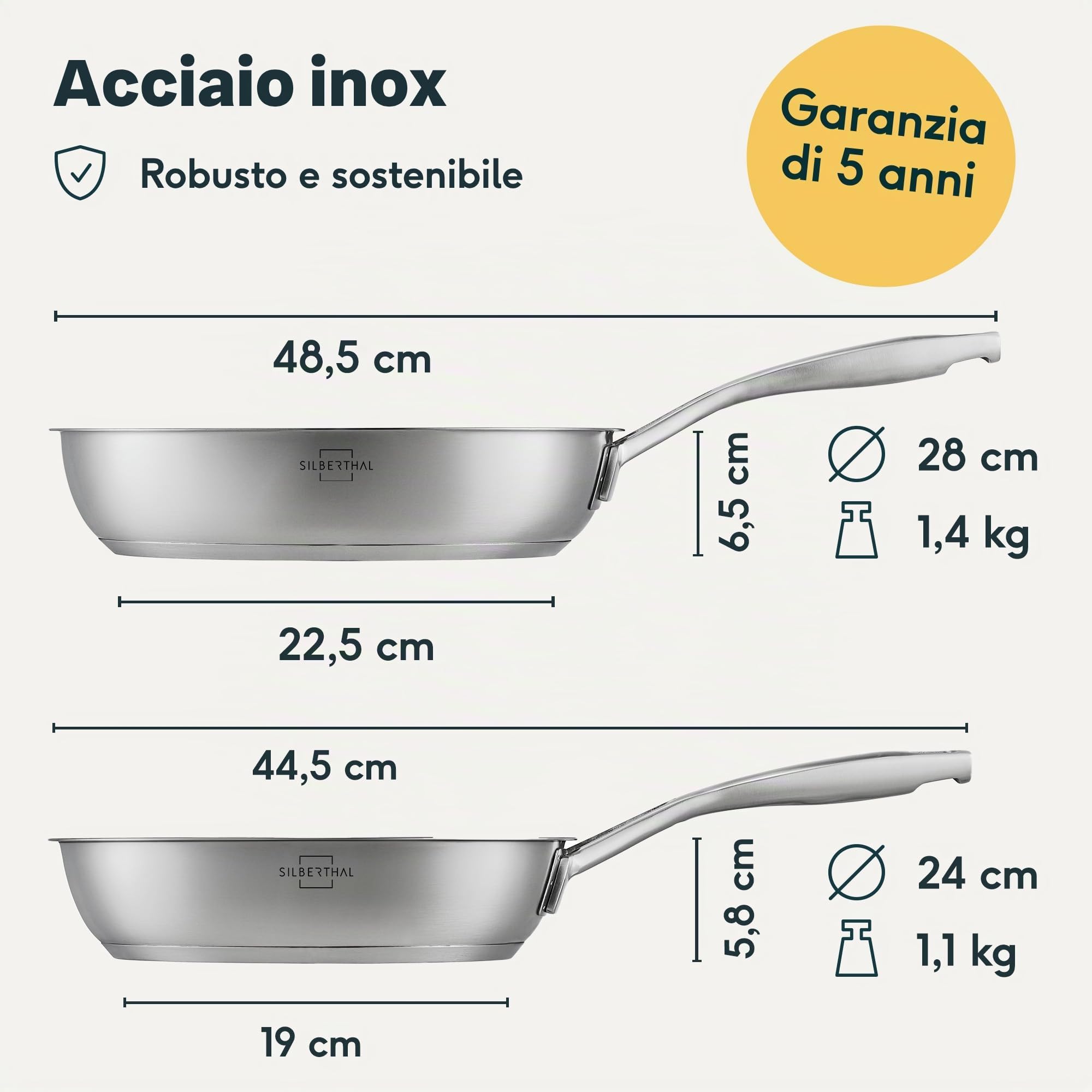 SILBERTHAL Set Pentole 16/20/24 e Padelle 24/28 cm Inox - No Rivest. | Casseruole 16, 20, 24 cm e padelle 24, 28 cm - Acciaio inox senza rivestimento - Per tutti i piani cottura - Grande capacità