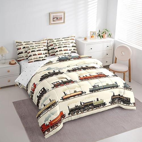 Miniatura 4 de Feelyou Juego de edredón de tren vintage de 7 piezas, diseño retro de motor de vapor para niños y niñas, juego de ropa de cama retro de tren de