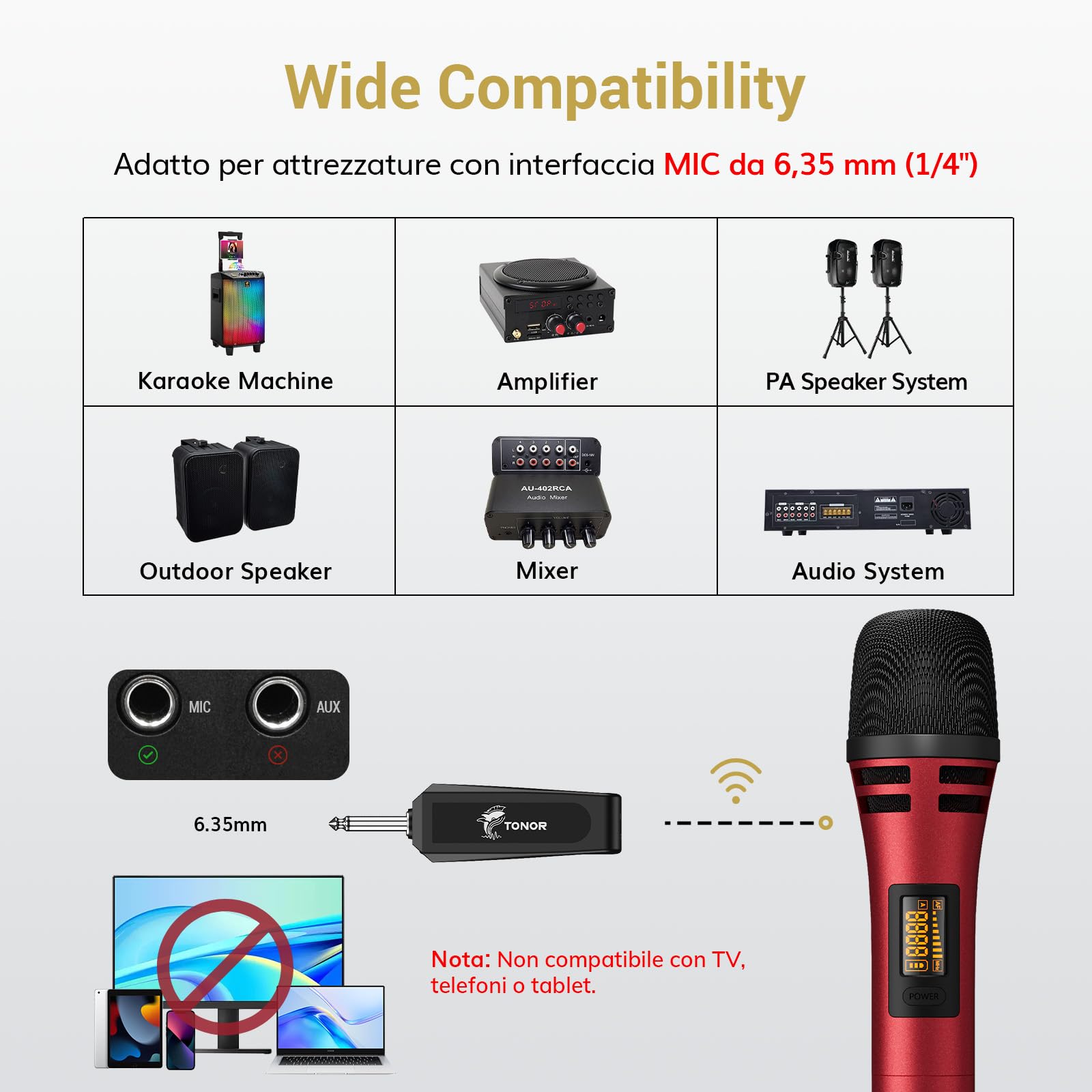 TONOR Microfono senza fili, UHF Sistema Karaoke con Due Microfoni Dinamici, Microfoni Inalambrici con Ricevitore Ricaricabile Kit per Canto, Matrimoni, DJ Party, Discorsi, 60M, Nero&Rosso, TW320