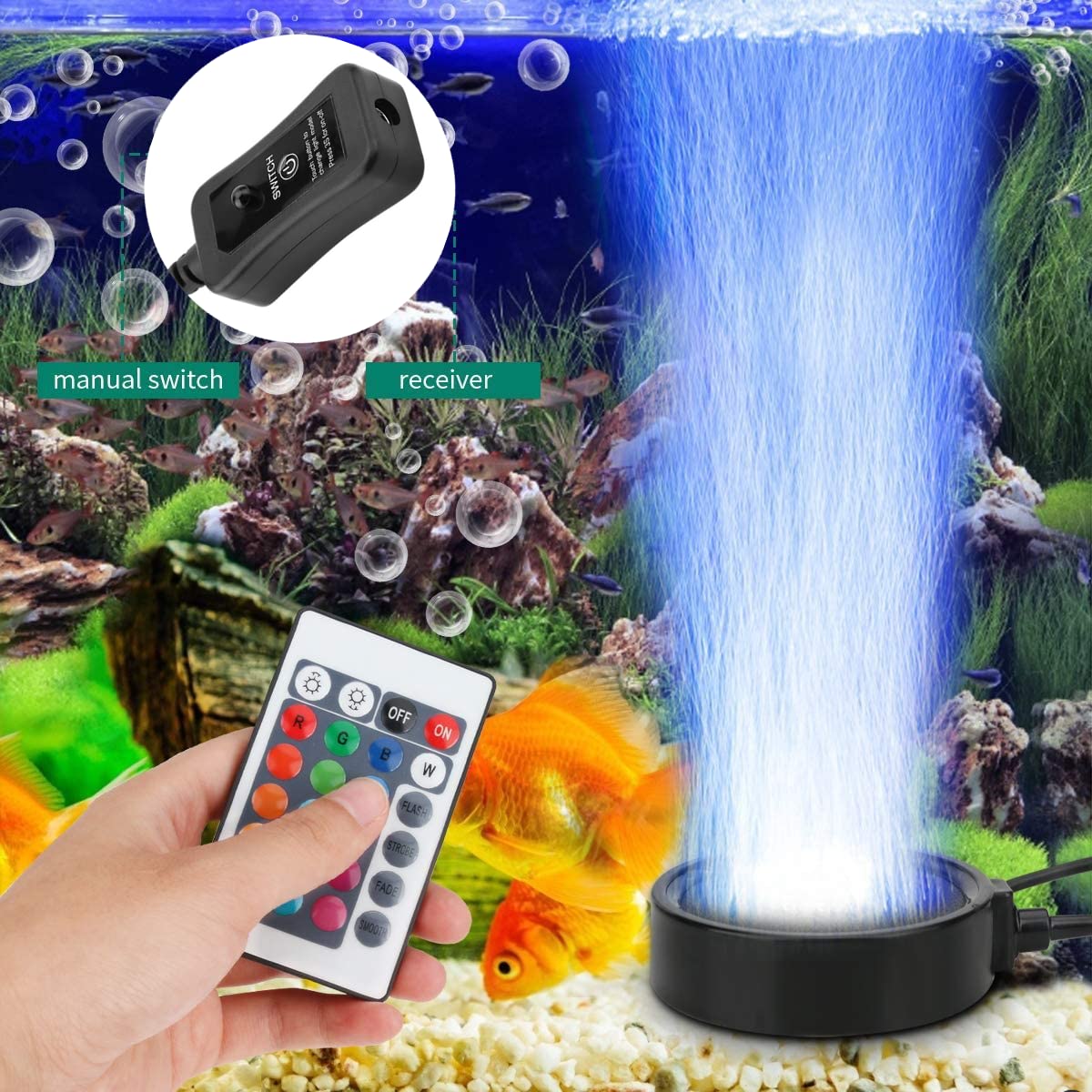 Tnfeeon LED Aquarium Air Stone, RGB Farbwechsel Unterwasser Beleuchtung mit Fernbedienung, Sauerstoff Blasenstein & Dekolampe mit Saugnapf für Fischteich und Aquarium