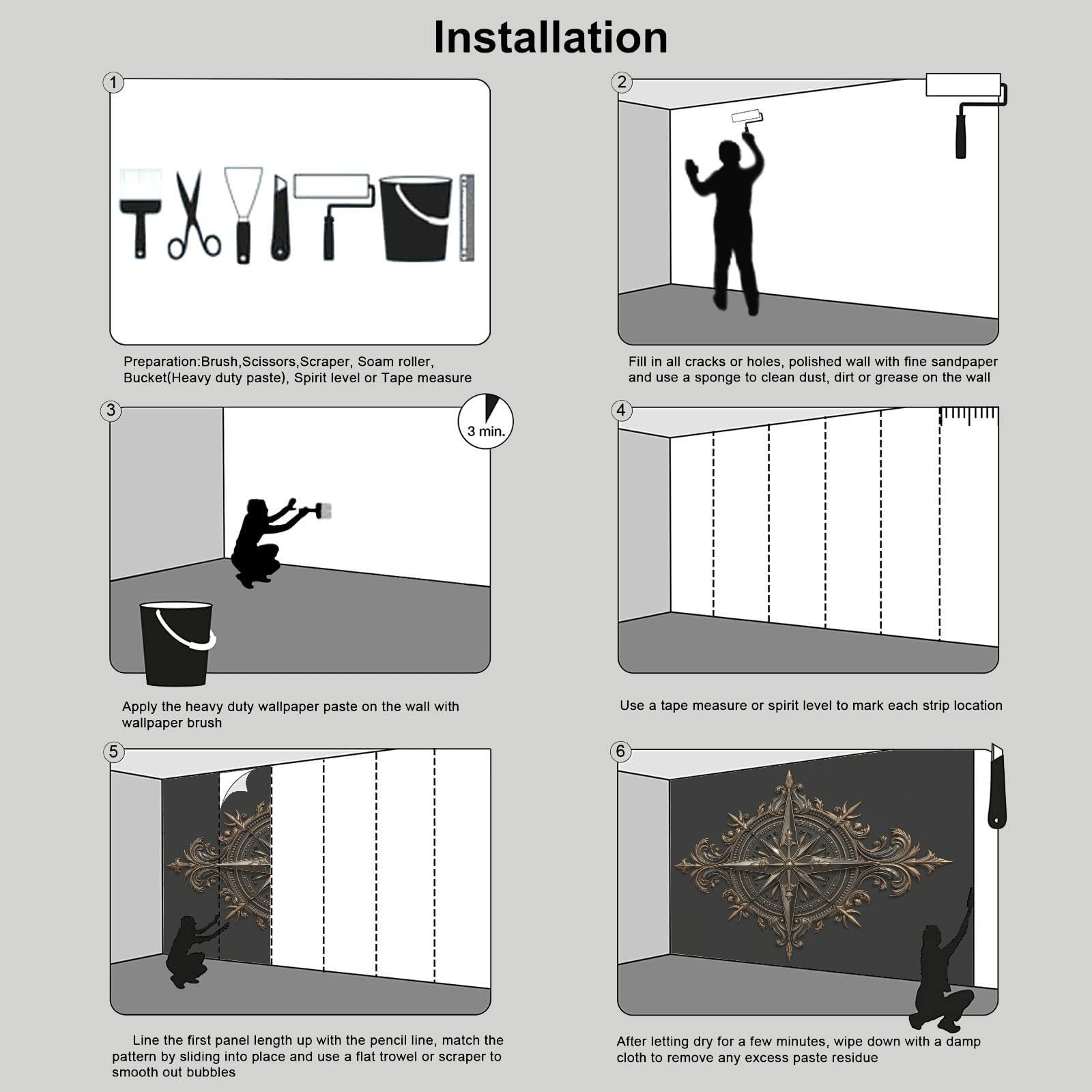 Papel Tapiz Fotográfico Estilo Náutico Retro Europeo, 350x250cm Papel Pintado Panorámico Brújula De Lujo Oscuro Mural de Pared Decoración De Pared para Sala Cuarto Oficina Salón, Gris Oscuro