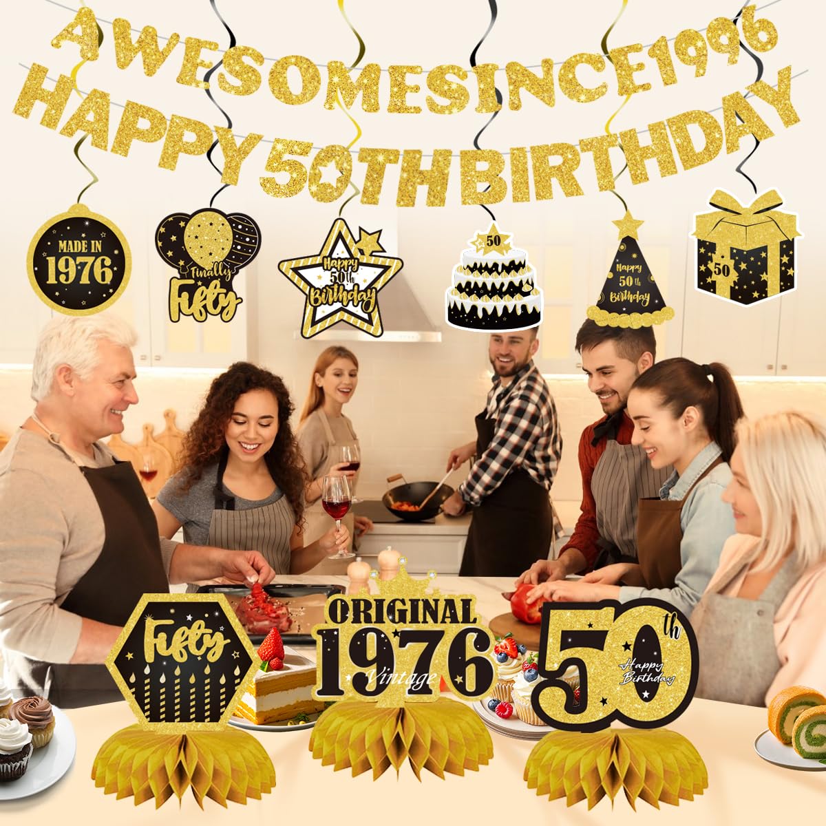 Decoraciones de feliz cumpleaños número 50 para hombres y mujeres, pancarta de fiesta negra y dorada con impresionante cartel desde 1976, 11 piezas, incluyendo remolinos colgantes y centros