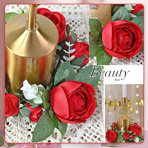 Miniatura 7 de BASEMMAHER Anillos de vela de rosas rojas para el día de San Valentín, coronas, flores artificiales con hojas verdes, mesa floral, centro de mesa,