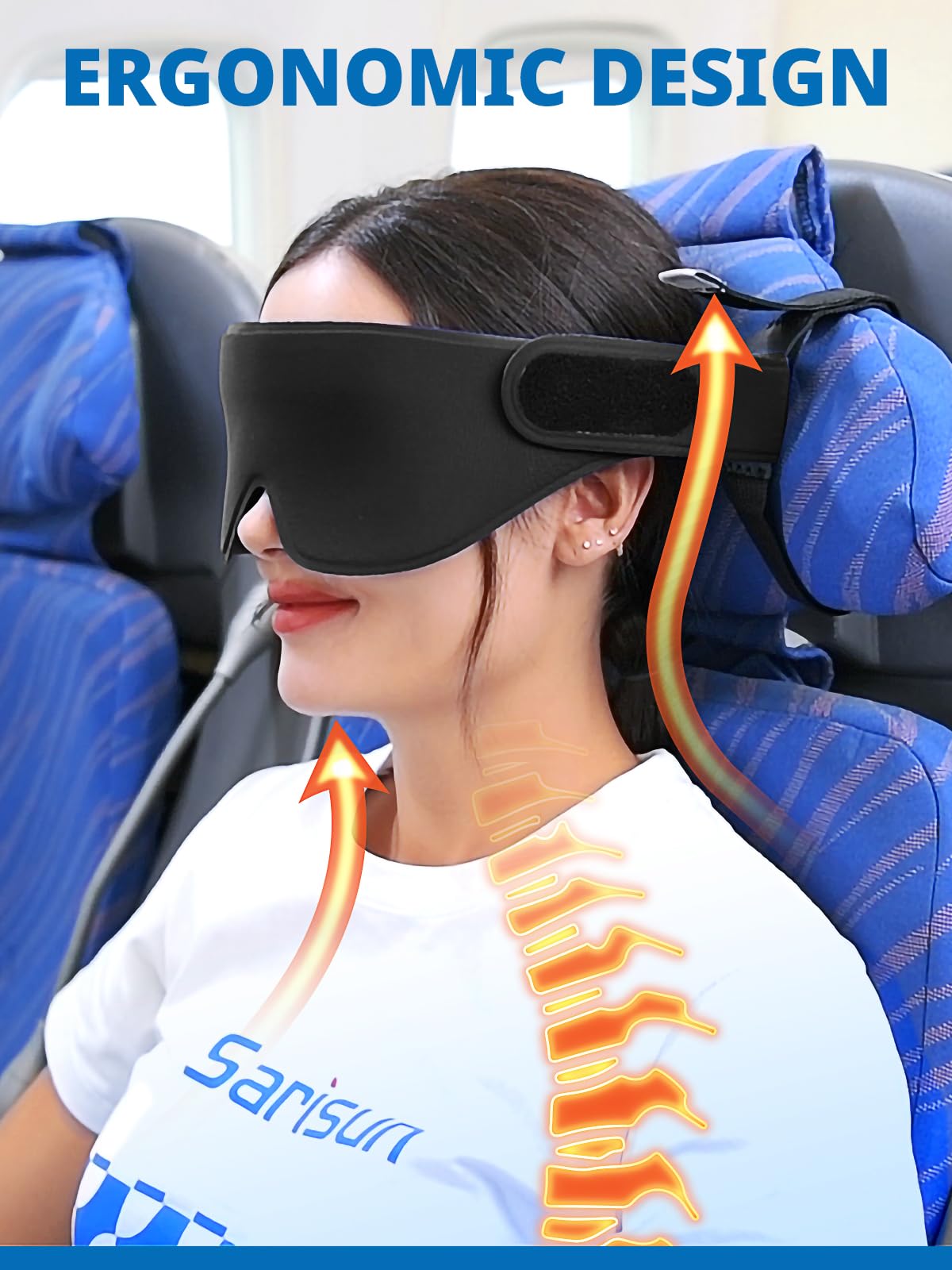 SARISUN Airplane Head Strap 3D Eye Mask, Travel Pillow Alternative for Long Flight, 360° Support Sleep Head Hold, Stop Bobblehead, Ultra-Compact Lightweight Travel Essentials, FSA HSA Eligible, Black