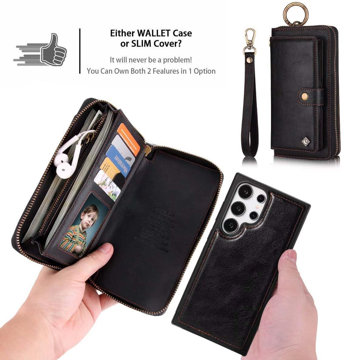 LITOU Compatible for Samsung Galaxy S24 Ultra Phone Case Wallet for Women Men, Card Holder Magnetic Detachable Wristlets Clutch Zipper Leather Wallet Flip Case for Galaxy S24 Ultra.Black